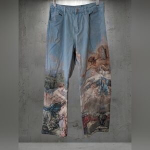 SHEIN Blue Sky & Pastel Baroque Print Straight Leg Denim Pants